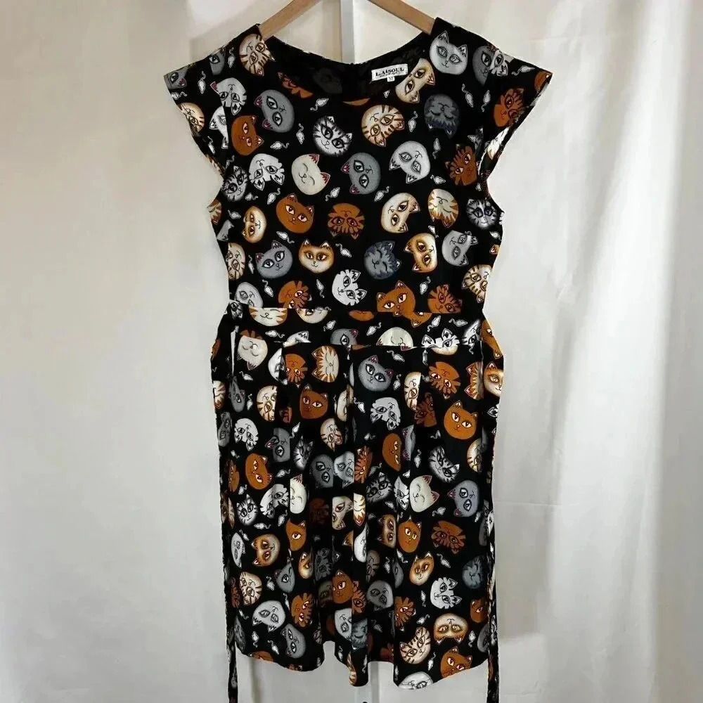 LA Soul Size Medium Cat Dress Kitty Black Multicolor Retro